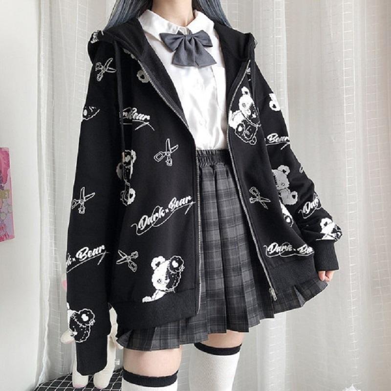 

Women' Jackets Black Bear Printed Gothic Coat Women Autumn Spring Ins Preppy Hoodies Kawaii Hoodie Hood Harajuku Plus Size Streetwear