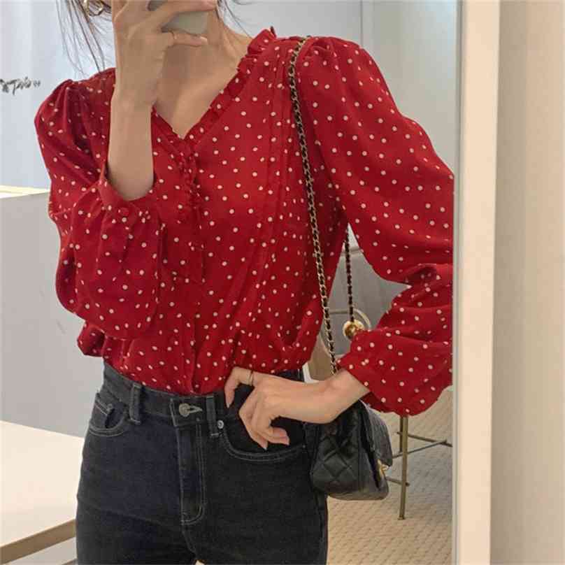 

Chic Polka Dots Vintage Gentle Large Size Stylish Retro Women Loose All Match Elegance Female Shirts Tops 210525, Black