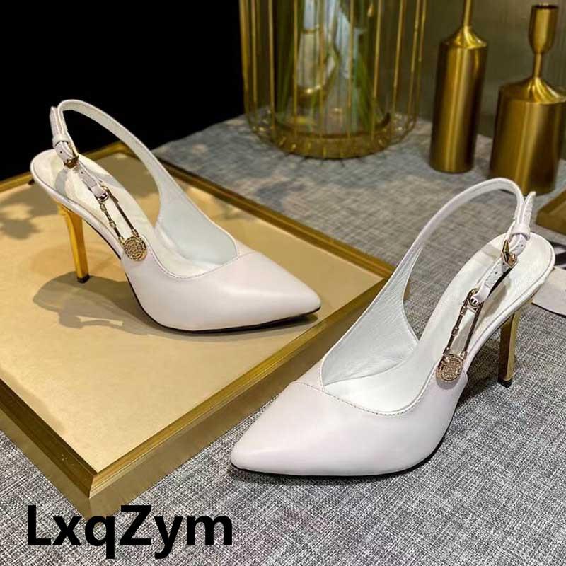 

Dress Shoes 2021 Pointy Toe High Heels Sandals Summer Real Leather Mule Woman Runway Slingbacks Black White Ladies Sexy Stiletto, Heel 10.5cm