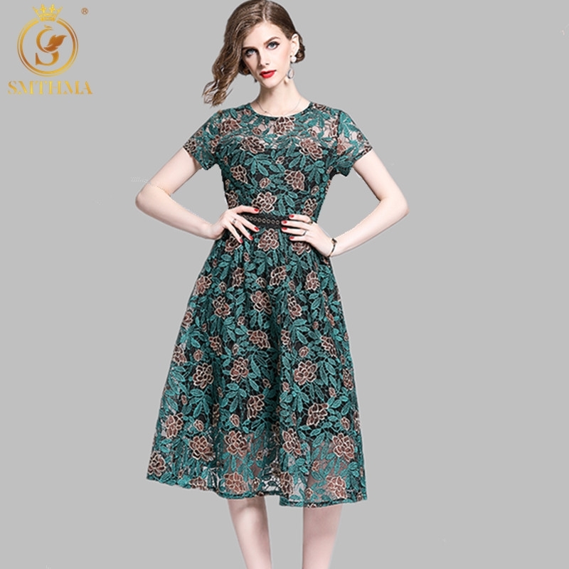 

Fashion High-Quality Runway Embroidery Dress Women Short Sleeve Summer Sexy Hollow Out Long 210520, Photo color