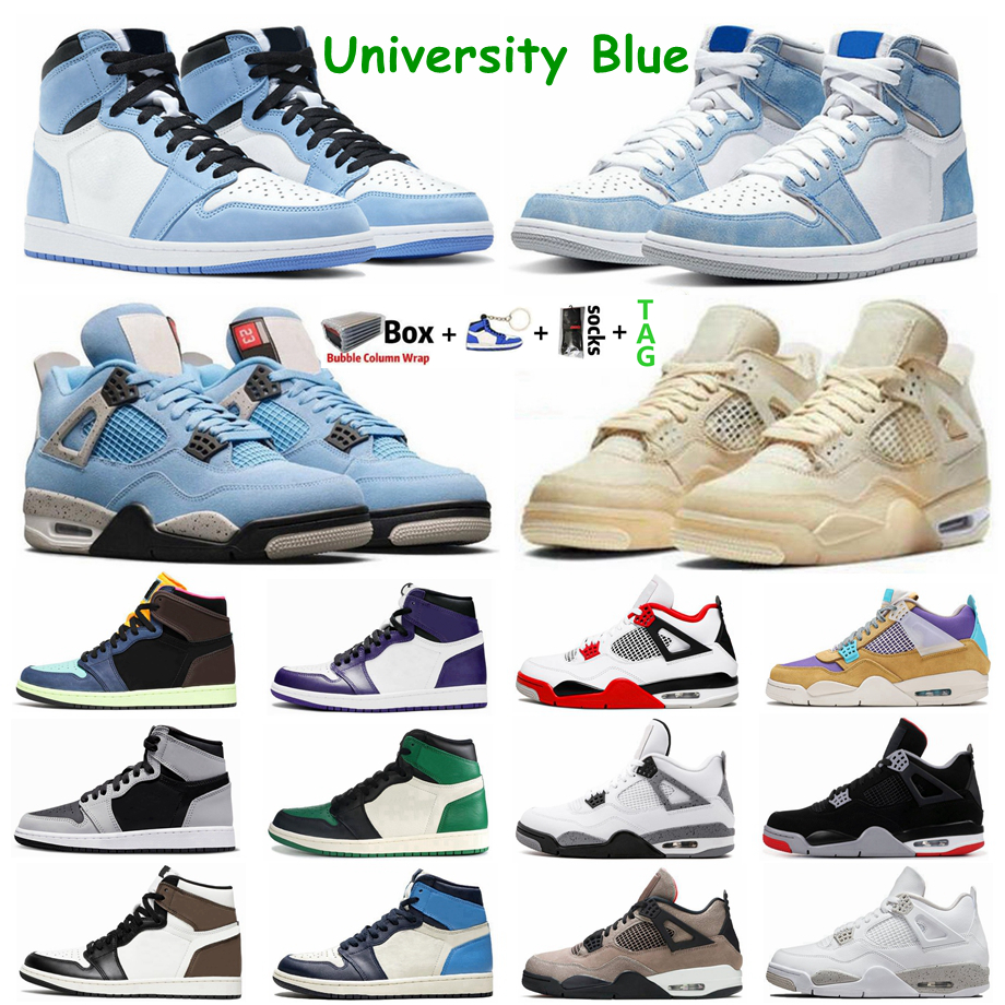 

University Blue 1s Jumpman 1 Basketball Shoes Black Cat Bred 4 4s Hype Royal UNC Obsidian White Cement What The Sail Guava Ice Sports Mens Women Sneakers