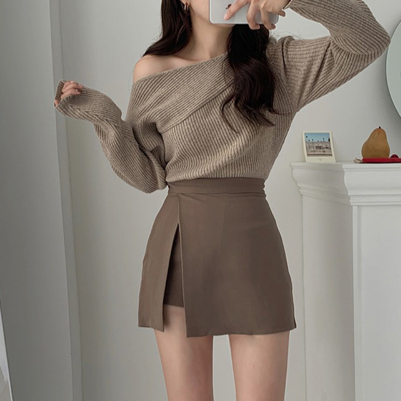 Skirts Korean Women's Simple Pants Side Split Dign ~ Slim High Waist A-line Short Skirt-image-728371453
