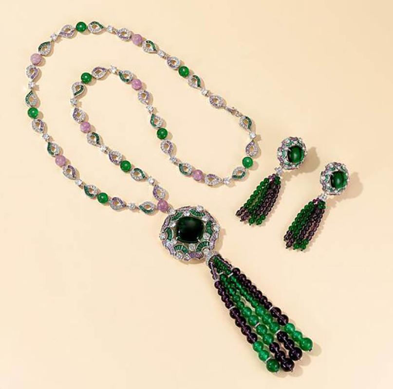 

Earrings & Necklace Emerald Green Tassel Ladies Evening Dress Color Bead Gorgeous Shiny Gem Vintage Luxurious Sweater Chain Jewelry Set, Silver