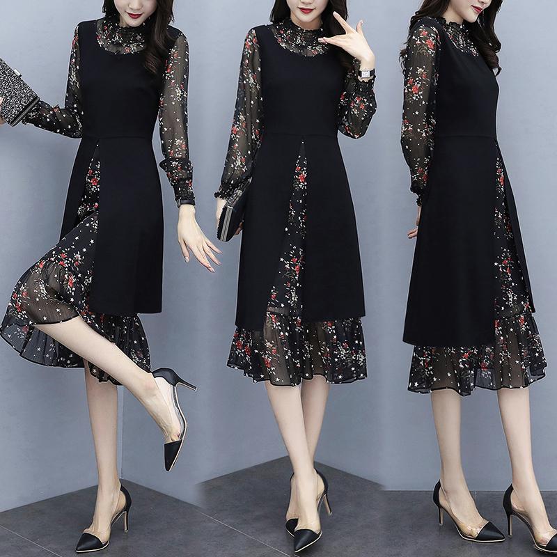 

Casual Dresses Size Spring Summer Plus Women Floral Chiffon Elegant Dress Fake Two Piece Long Sleeve Vestidos Mujer D1242 KJ2160, Black