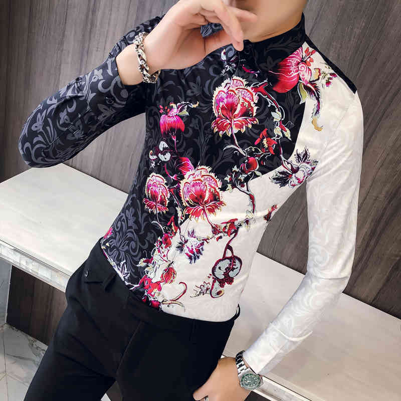 

Men's Loldeal Rose Flower Print Black Shirt Men Autumn New Slim Fit Long Sleeve Mens Dress Shirts Casual Button Down Chemise Homme, Red rose