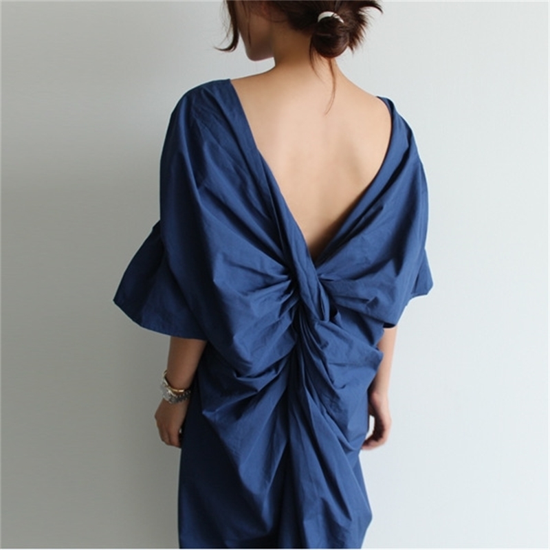 

Korean Spring and Summer Big Size Dress Foral Women Elegant Backless Cotton O-Neck 210615, White