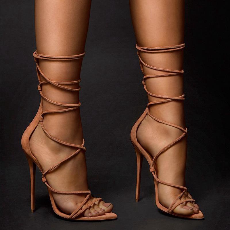 

Sandals Women's Fashion Summer Pointed Sole High Heels Shoes Lace Up Strappy Ladies Dress Party Clubwear Stilettos, Brown