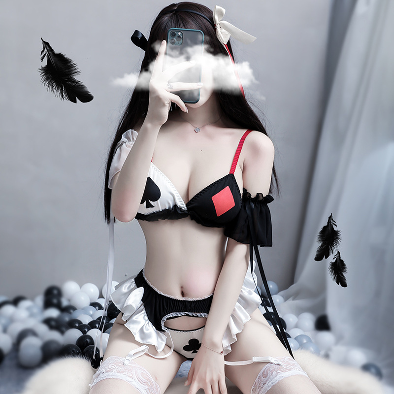 

5pcs Demon Cospay Costumes Womens Sexy ingerie Cown Poker ace Underwear Kawaii Circus Gir Underwear Bra Panties Set, Black