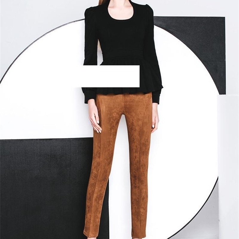 

GETSRING Women Pants High Waist Trousers Warm Winter Autumn Grace Zipper Vintage Suede Womens Pencil Legging 210601, Camel