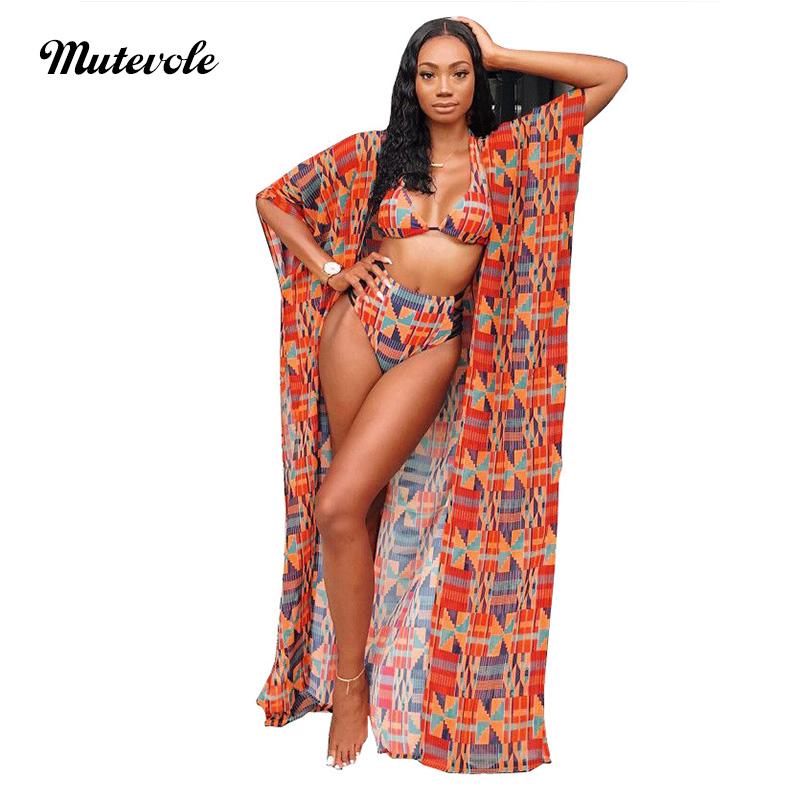 

Mutevole Summer Beach Print 3 Piece Bikini Set Women Three Swimsuit Short Sleeve Swim Wear Cover Up Sexy Bathing Suits Women' Swimwear, Red