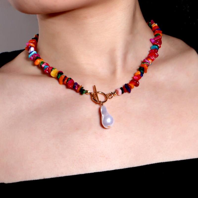 

Chokers Multi Colors Chips Strand With OT Toggle- Clasp Women`s Fashion Baroque Irregular Pearl Pendant Necklace