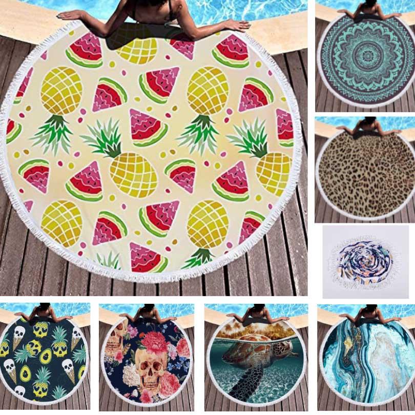 

Round Beach Towel Blanket Circle Microfiber Yoga Mat Multi-Purpose Towels For Women Men Kids With Tassels 59 inch HH21-325, As pic show