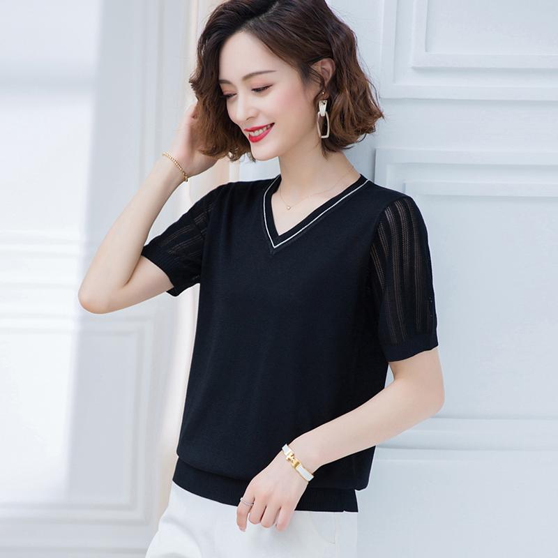 

Women's Sweaters AOSSVIAO Knitted Jumper Summer Tops V-Neck Pullovers Casual Women Hollow Out Short Sleeve Slim Sweater Girls, White;black
