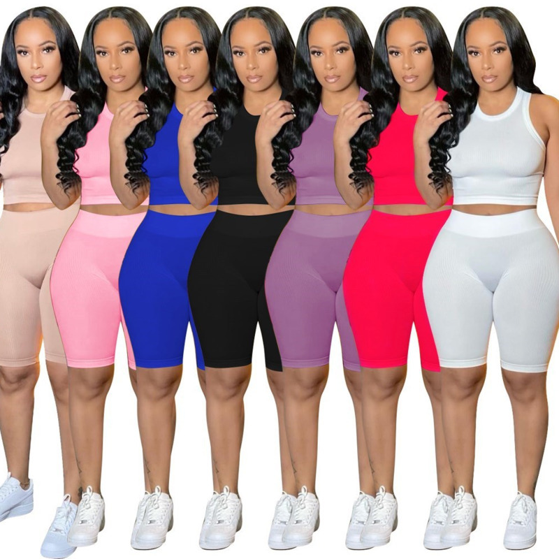 

Summer Women Tracksuits Short Pants Outfits Two Pieces Set Jogger Suits Vest Shorts Solid Color Sweatsuit Plus Size, Brown