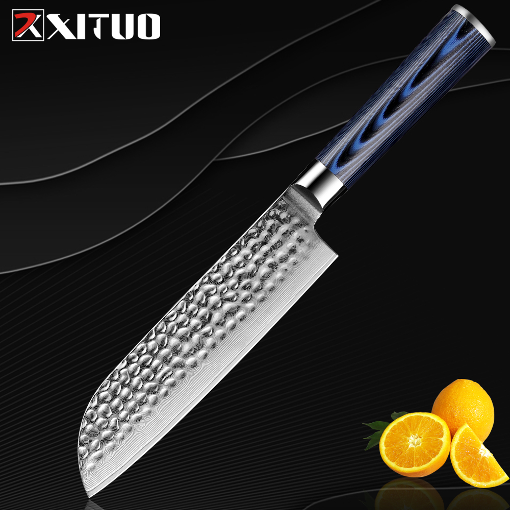 

XITUO Santoku Knife Real Damascus Steel Hammer Forgingl Chef's knives Non-stick Kitchen Cleaver Slicing Vegetable Blue Round New