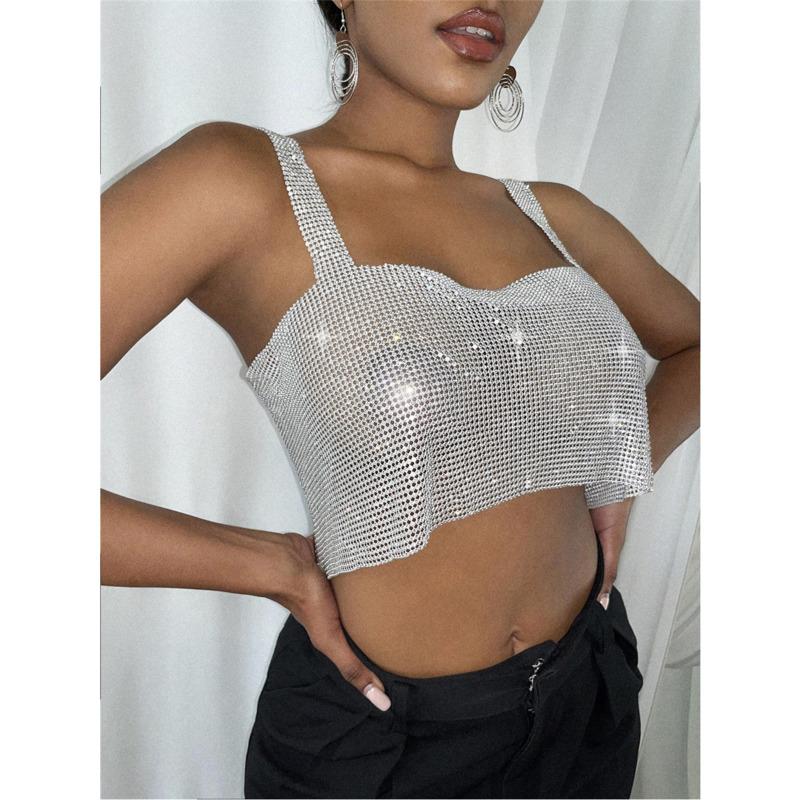 

Women's Tanks & Camis SRUBY Glitter Women Crop Top Nightclub Backless Split Metal Piece Rhinestone Tethered Strapless Party Night Club Wear, White