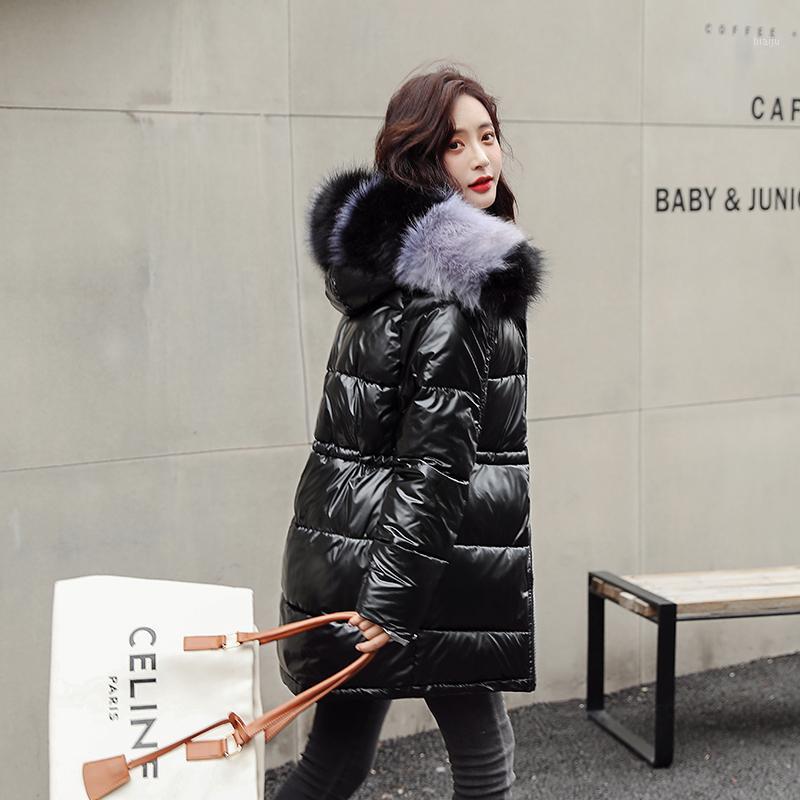 

Women's Down & Parkas 2021 Winter Hooded Jacket Women Shiny Plus Size Long Puffer Coat Slim With Fur Collar Glossy Cotton Padded Thick, Black