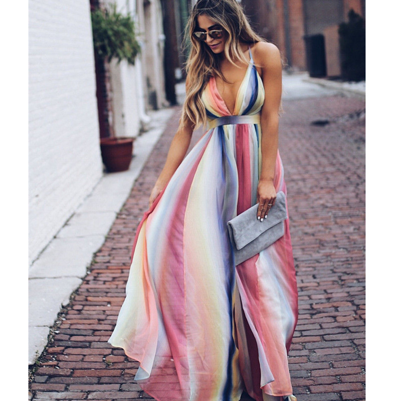 

Bohemia V Neck Slip Colorful Backless Cross Bandage Long Dress Shoulder Straps Maxi dresses women summer clothes, Black;gray