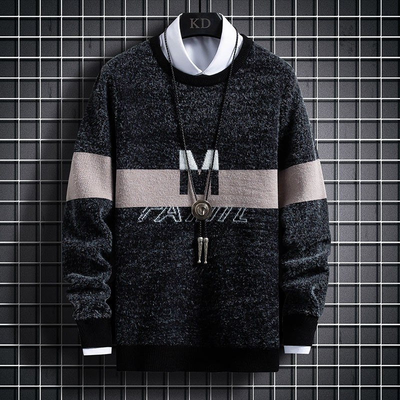 

sweater knit autumn and winter men's casual thickened round neck pullover jacquard ting backing wear, White;black