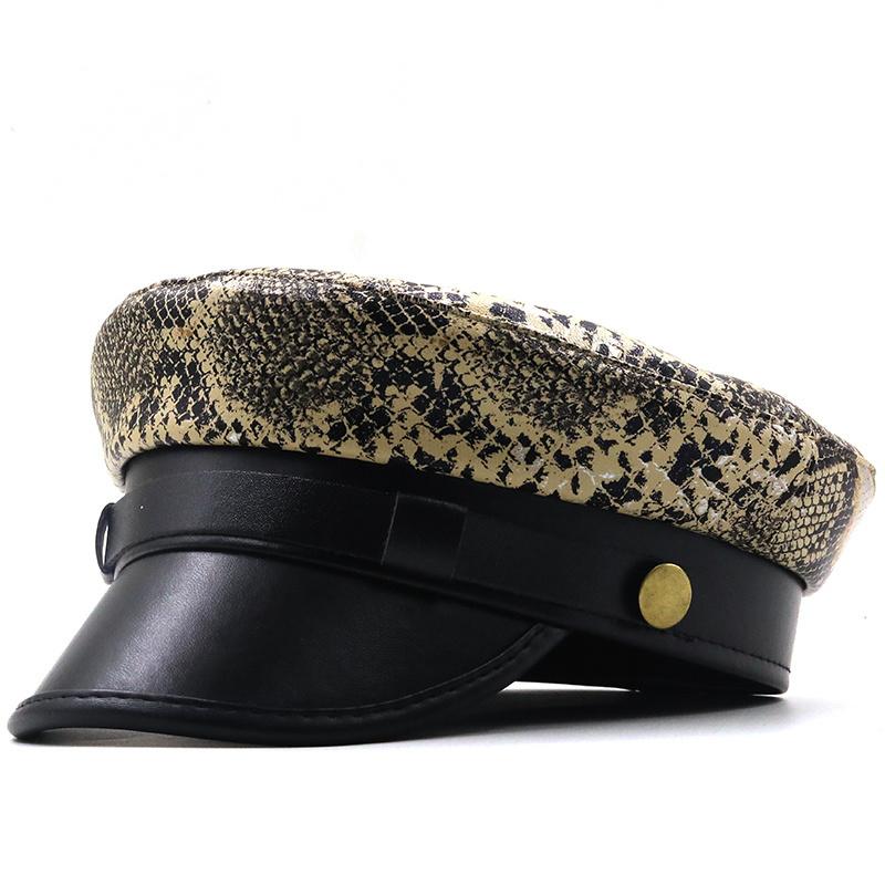 

Berets Simple PU Leather Girl Military Caps Spring Autumn Sailor Hats For Women Leopard Flat Top Captain Cap Travel Cadet Hat 56-58CM, 01