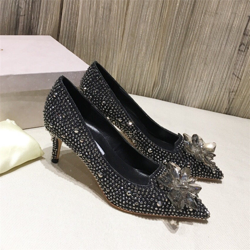 

2021 designer sexy luxury girl pencil crystal shoes black flat bottom bridal dance shiny women's wedding pointed diamond champagne comfortable stiletto 6.5cm, Grey