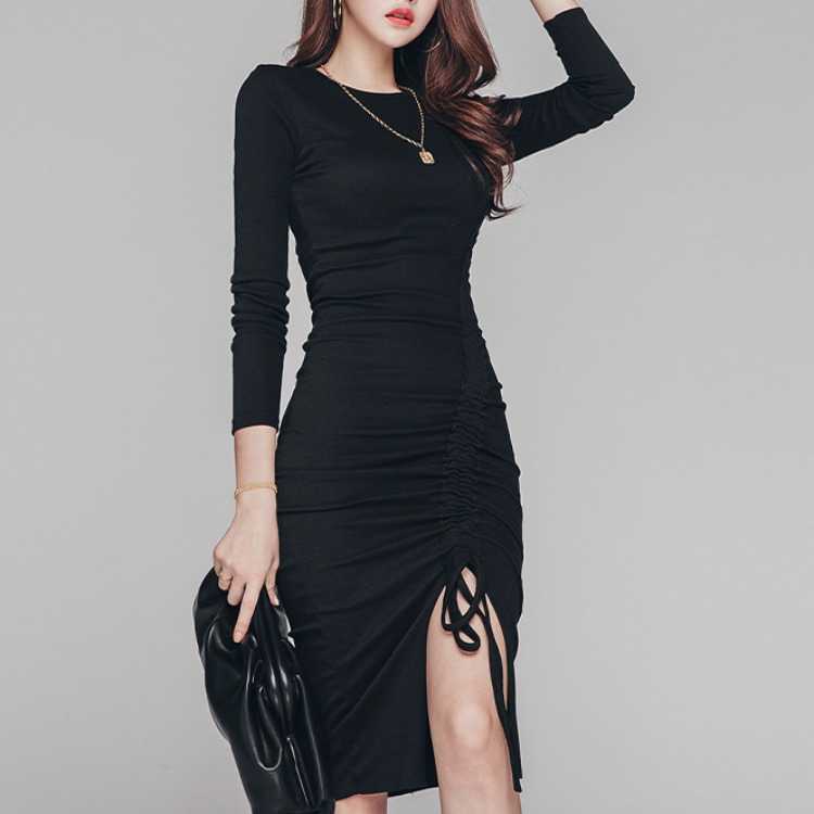 

LDYRWQY autumn and winter celebrity ladies fashion waist slim round neck women' dress Office Lady Sheath 210603, Black