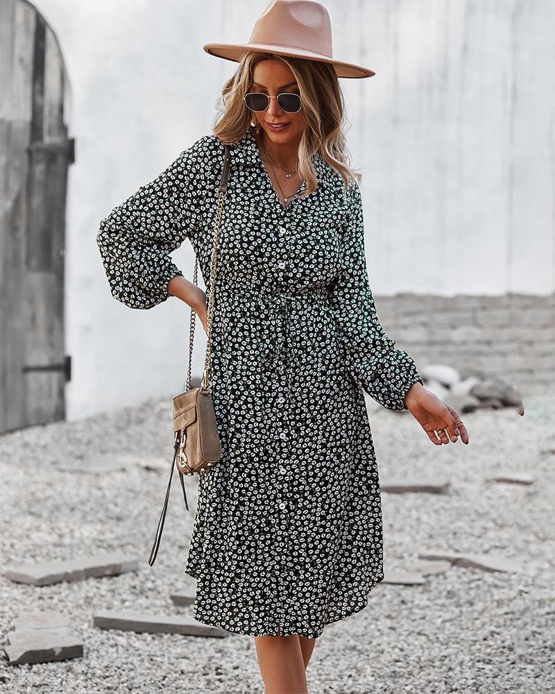 

Casual Dresses Women Tie-Up A-line Chiffon Dress Elegant Femme Button-down Floral Lapel Long Sleeve Hight Waist Shirtdress BOHO, Black;gray