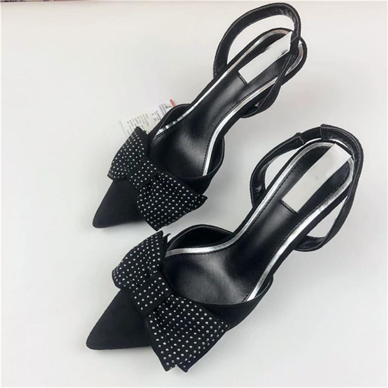 

Dress Shoes Brand Sexy Fashion Stiletto Sandals Female Style Black Pointed Rivet Bow Sling Heel High Heels Banquet Wedding Women's