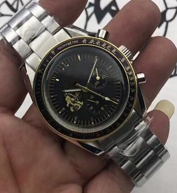 

watches Stainless Steel Black Watch Quartz Chronograph Movement Moonwatch Apollp 11 50th Anniversary Limited Edittion Mens Wristwatches, Slivery;brown