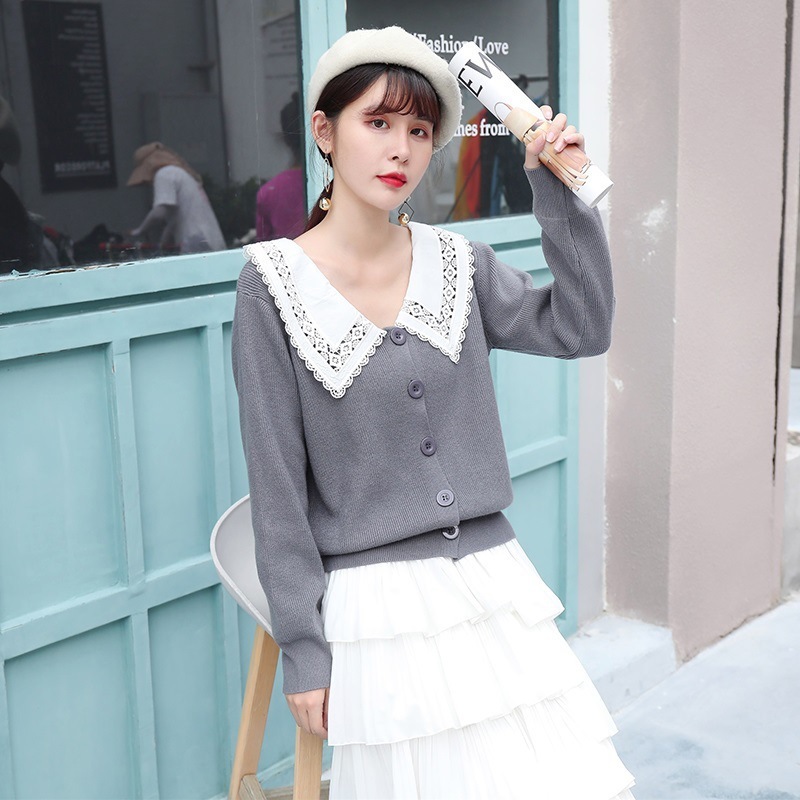 

Fashionable Autumn Temperament Stitching Lace Doll Collar Sweater Women's Oversized Long Sleeved Bottoming Knitted Top 210520, Khaki