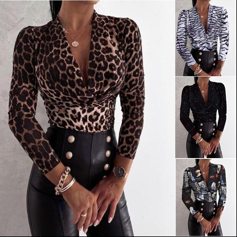 

women blouses deep v neck leopard print shirt slim long sleeve pullover blouse tiger starry sky letter ladies office, White