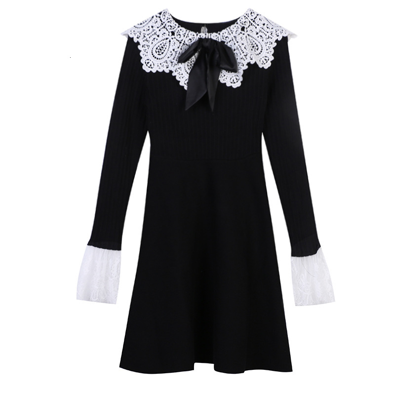 

Casual Dresses Brand Design Autumn Winter Lace Doll Collar Knit Dress Sweet Women Black Elegant Vintage Long Sleeve Sweater F3YS, Blue