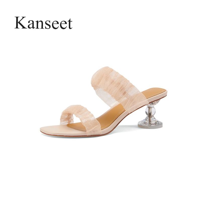 

Slippers Kanseet Shoes 2021 Summer Net Yarn Design Square Toe Party Dress Crystal High Heels Women Woman Plus Size 43, Black