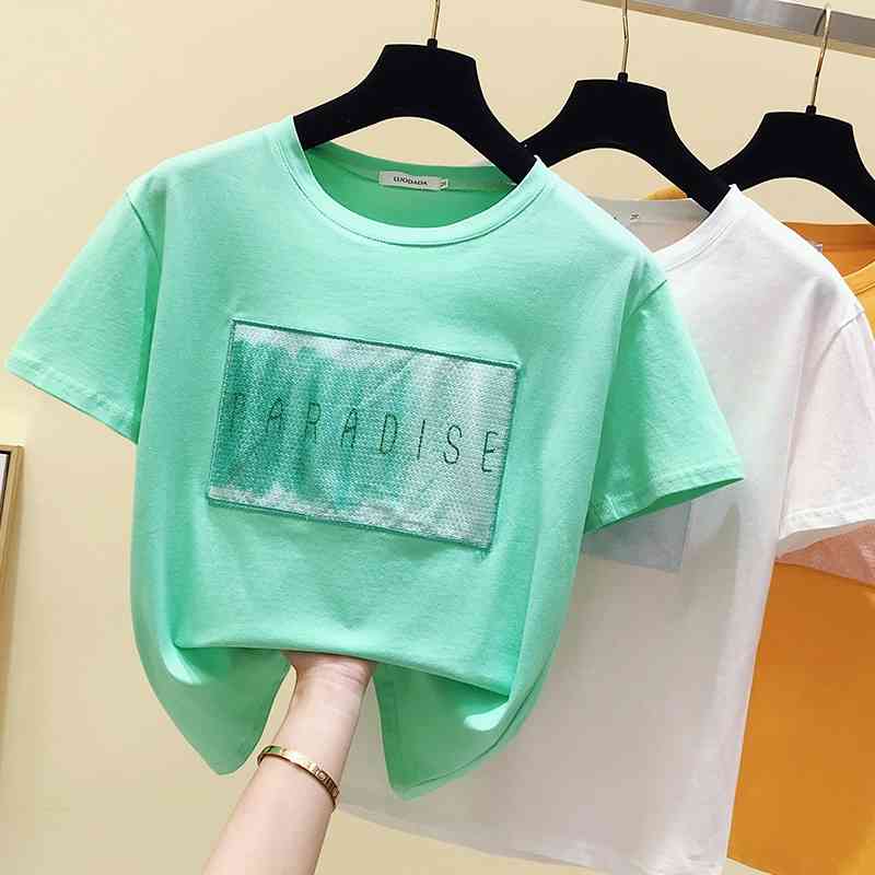 

Women's O Neck Sequin Letter Short Sleeves Cotton T-Shirt Summer Tee Girls Ladies Pullover Casual Tops Tees A2531 210428, White