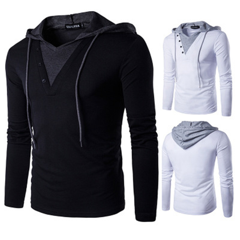 

Men's T-Shirts Hooded Sling T Shirt New Mens Clothing Fashion Long Sleeve Tees Male Slim Tops XXL Men casual Panelled color stitch, White