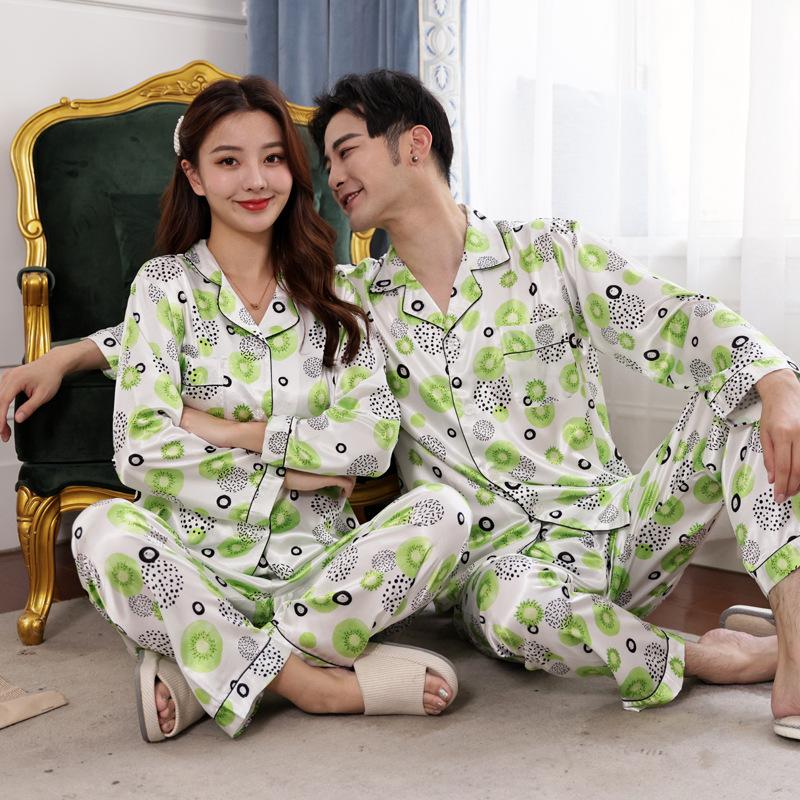 

Men's Sleepwear Printing Matching Pajamas Couples Long Sleeved Silk For Women Sleep Tops Pants Mens Set Flower Pijamas, Tops and pants