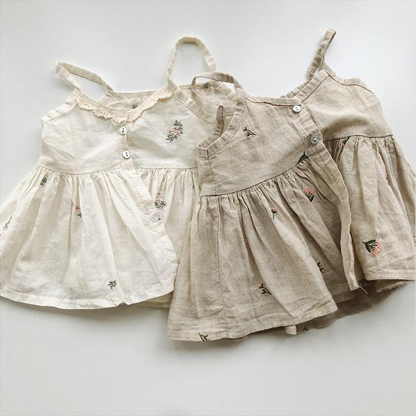 

newborn baby girls clothing sets embroidery floral sling shirts ruffles collar bodysuits 2pcs korean style toddlers kids outfits, White