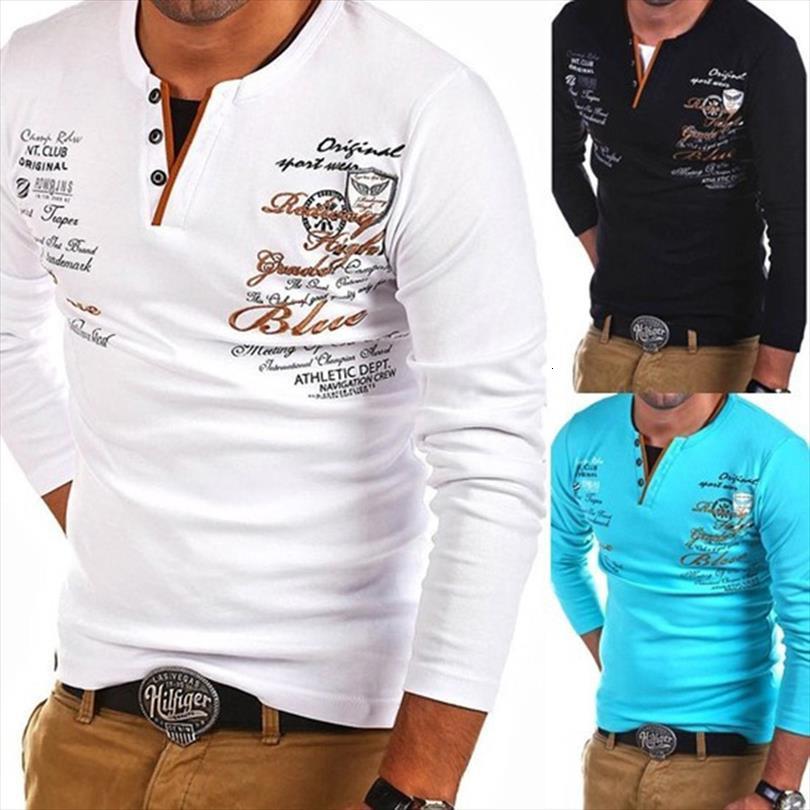 

long sleeve breathable shirt men polos casual v neck slim solid color letter printing comfortable fashion, White;black