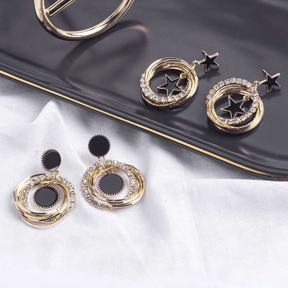 

earrings 925 silver needle temperament geometric five pointed star multi-layer Diamond Earrings net red fashion versatile long earrings for women, Golden