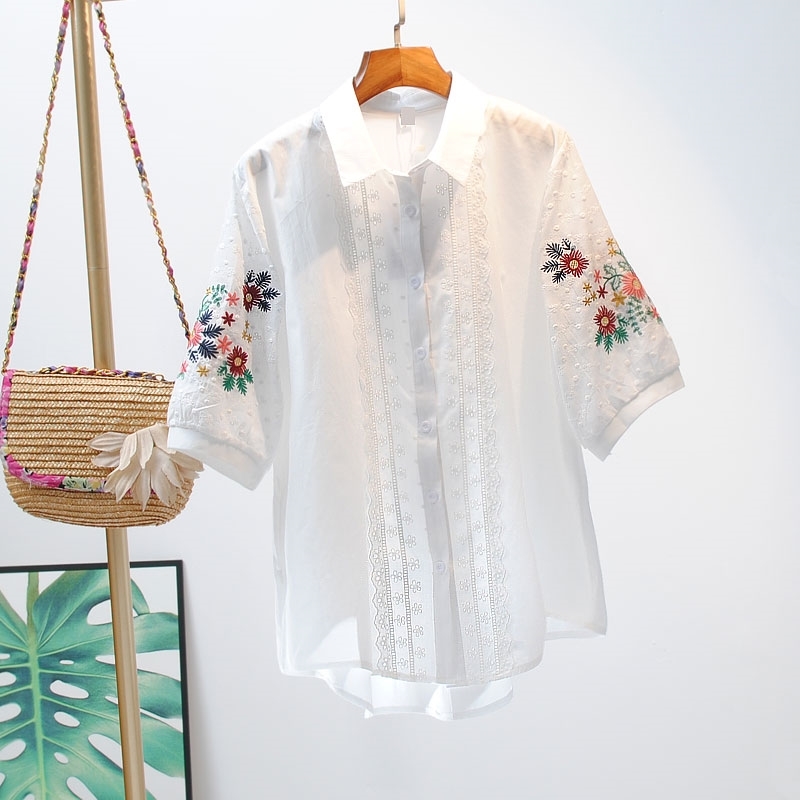 

VANOVICH Lace Fashion Shirt Female Summer Wild Casual Ladies Shirts Embroidery Korean Style Women Clothing 210615, White