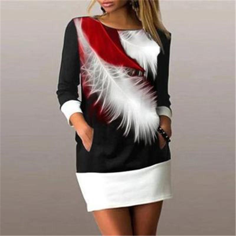 

Elegant Round Neck Three Quarter Sleeve With Feathers Print Dress For Women Spring & Autumn 2021 Casual Dresses, Black;gray