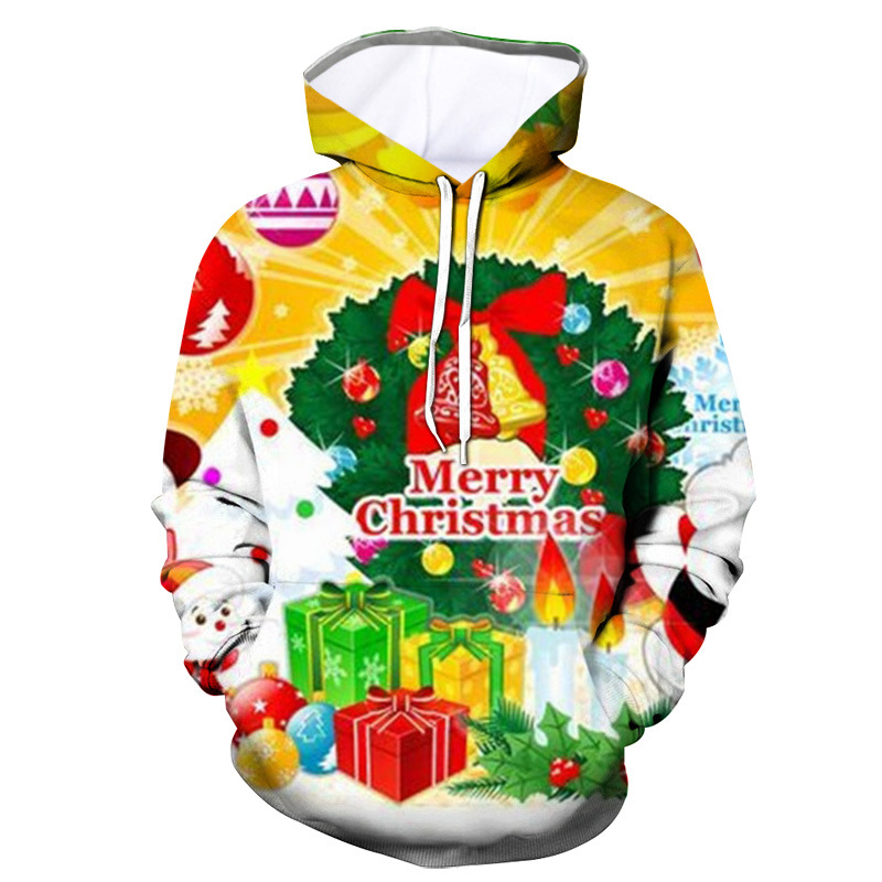 

Fall/Winter New Christmas Hoodie Drawstring 5 Printed Loose Comfortable Pullover Sweaters, Black
