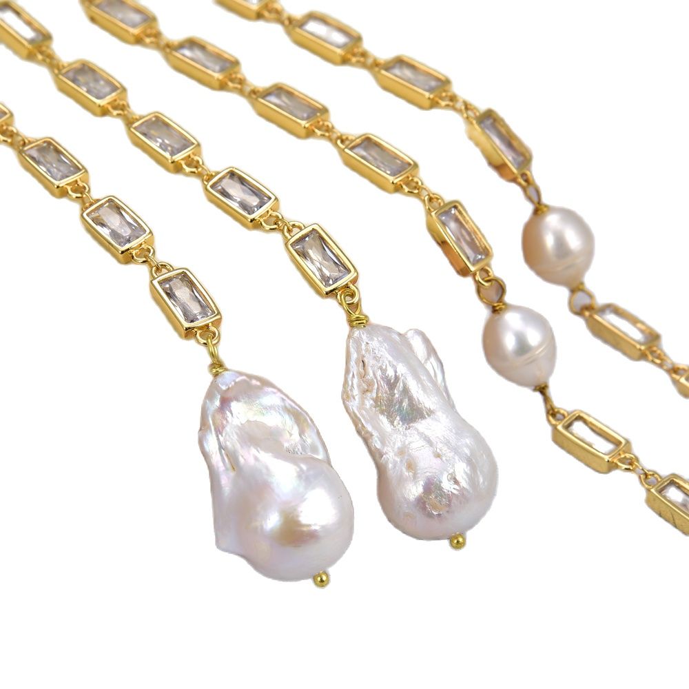 

GuaiGuai Jewelry Cultured White Keshi Pearl Rectanle Cz Pave Chain Necklace 50" Long Necklace Handmade For Women