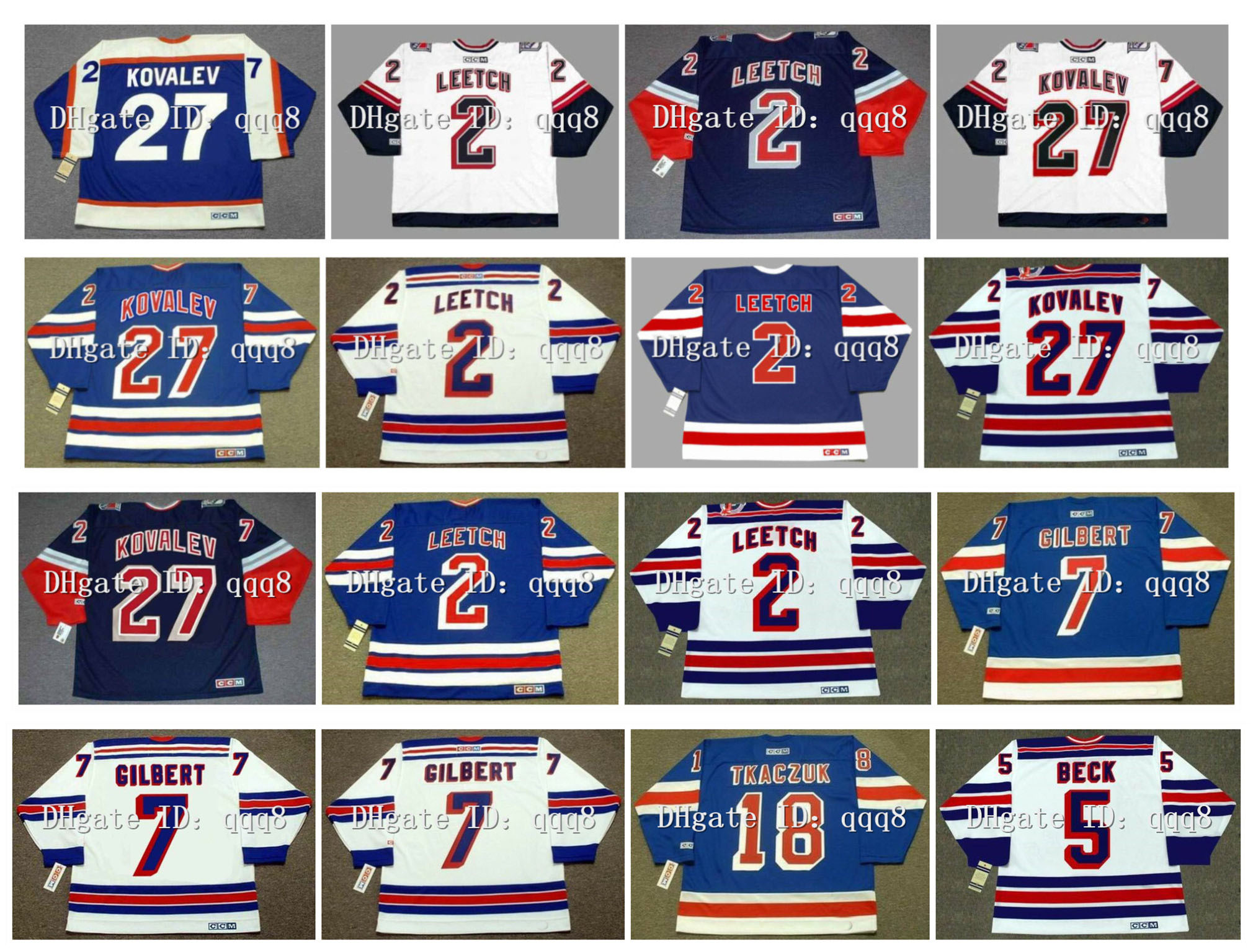 

Vintage New York Rangers Jersey 2 BRIAN LEETCH 5 BARRY BECK 7 ROD GILBERT 18 WALT TKACZUK 27 ALEX KOVALEV Blue White CCM Hockey, Black;red