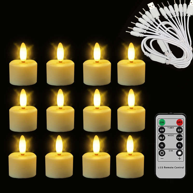 

New 12 Rechargeable Tea Light With Remote Timer 3D Flameless Flicker Halloween LED Candles Decoration For Christmas And Wedding H0909