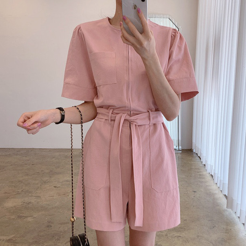 Casual Dresses Korea chic summer simple round neck pink and tender design lace-up waist short-sleeved jumpsuit shorts women ISCO-image-701145991