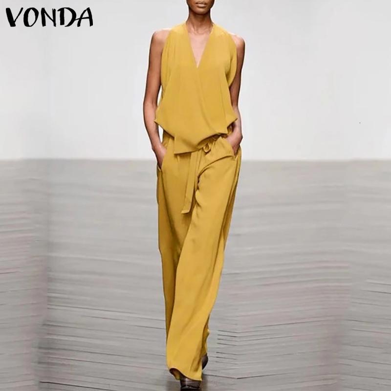 Women&#039;s Jumpsuits & Rompers Casual Wide Leg Pants Women Summer&#039;Jumpsuits Sleeveless Belted Party Playsuits VONDA Women&#039;Trousers O-image-684438401