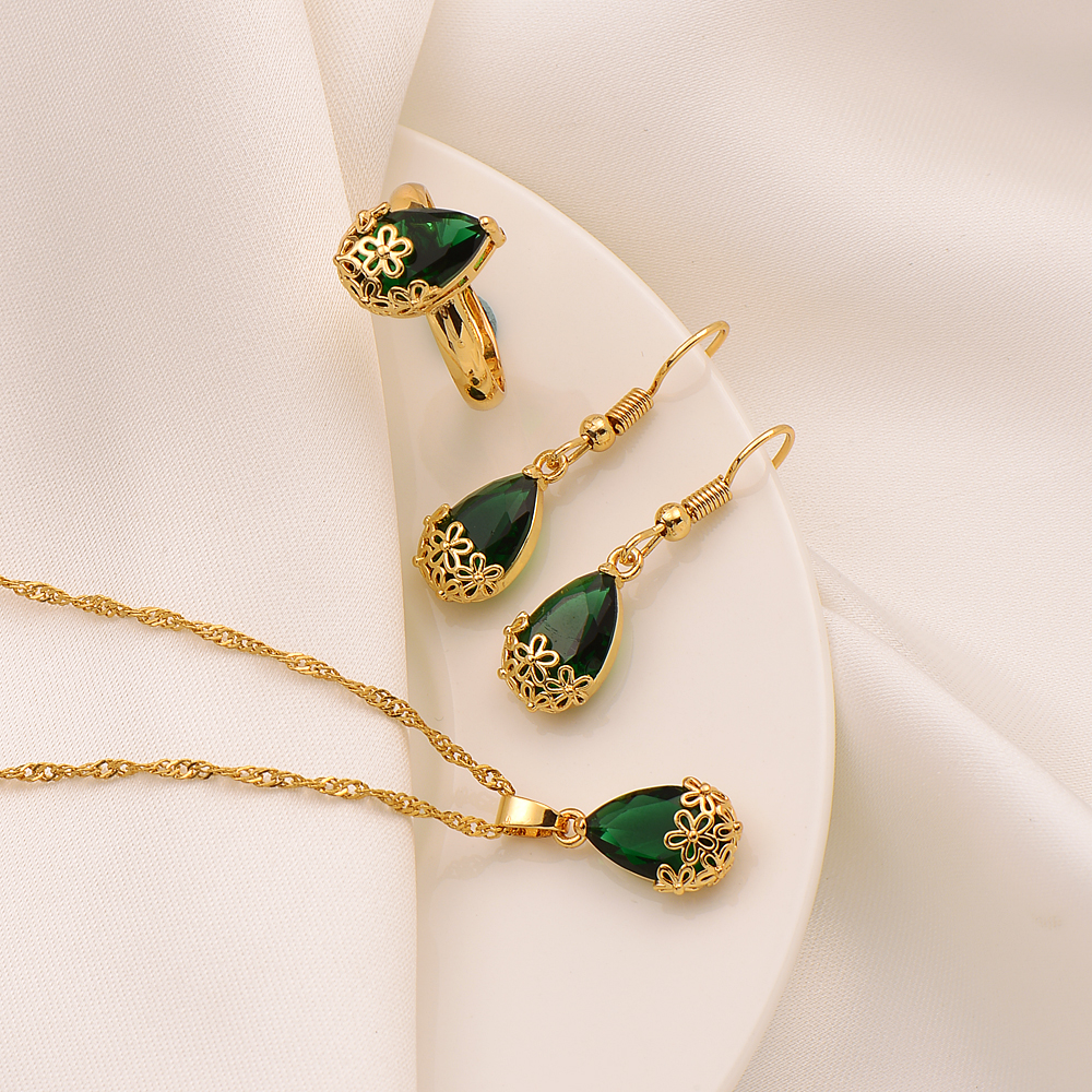 

Pendant Necklace Earrings Ring 24K Fine Gold GF Water Drop green Crystal Jewellery Set cz big Rectangle Gem with Channel, Golden