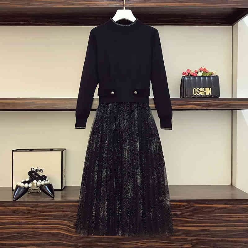 

Women Knitd Mesh Patchwork Dress Long Sleeve Autumn Streetwear Plus Size Bandage Wrap Black Dresses Fashion Party Clothing 210519, Picture color