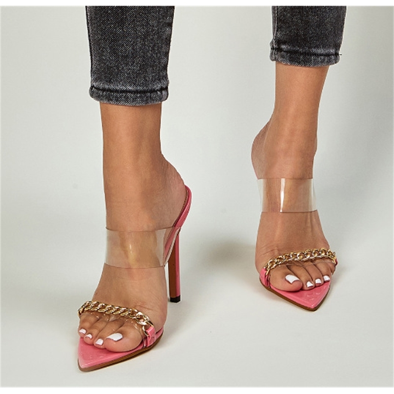 

dress shoes ltarta women's heels sandals pink new pvc metal chain pointed-toe 35-42 size high cool slippers jxq sdbi, Black